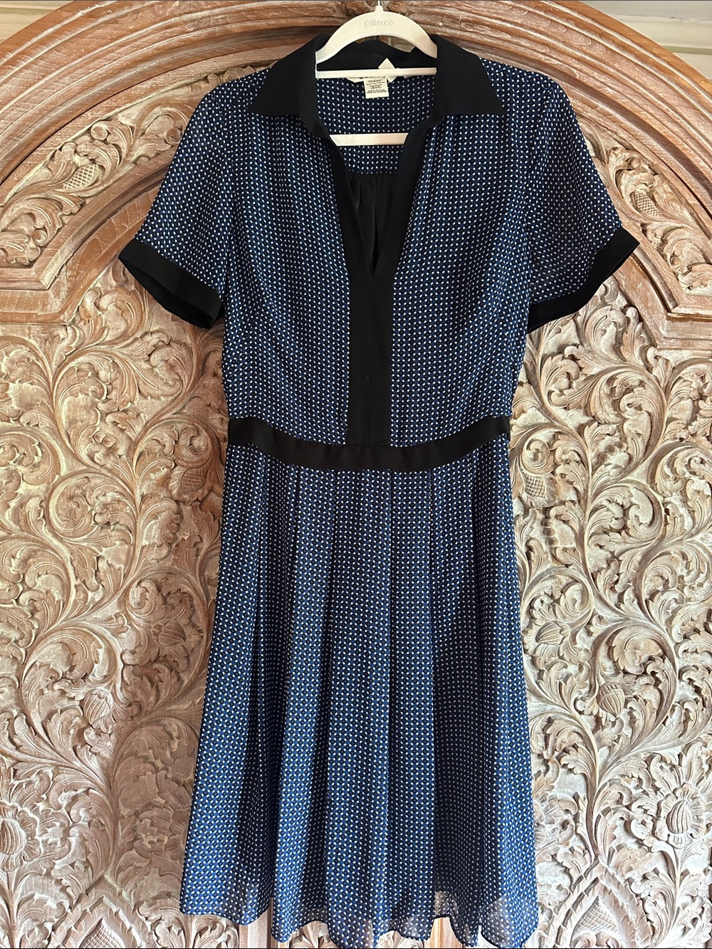 Max Studio Navy and White Dot Midi Dress with Black Trim